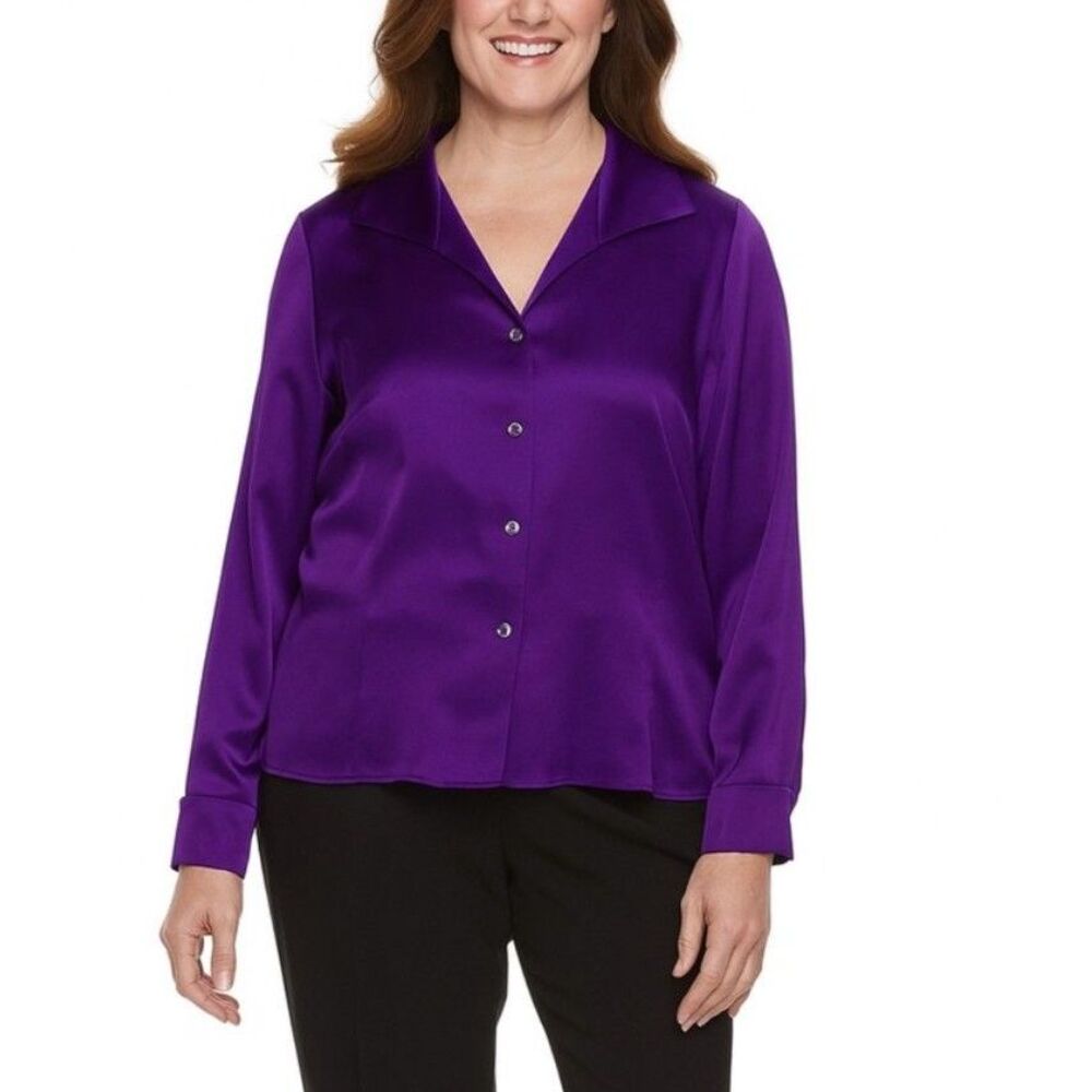 Talbots Women's Purple 100% Silk Charmeuse Crystal Button Front Blouse Sz 12